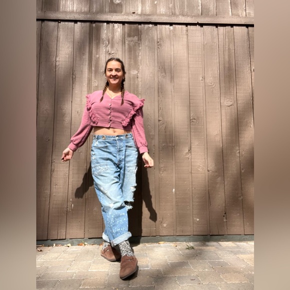 Saylor Cropped Fringe Cardigan Rose Pink Boho Button Front Size M - Picture 4 of 13